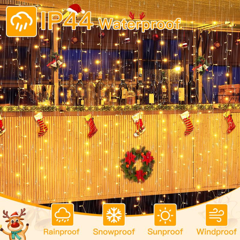Ollny 200 LED Curtain Lights - 6.6 x 6.6 Ft USB Fairy Lights with Remote Control, 8 Dimmable Modes, Timer Function, Waterproof Outdoor String Lights for Bedroom, Party, Patio, and Wedding Decorations