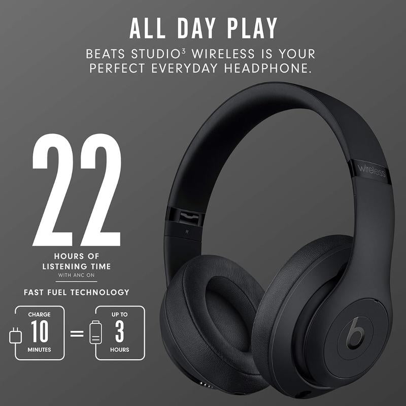 Beats Studio3 Wireless Noise-Cancelling Over-Ear Headphones with Apple W1 Chip, Class 1 Bluetooth, 22 Hours of Listening Time, and Built-In Microphone - Matte Black