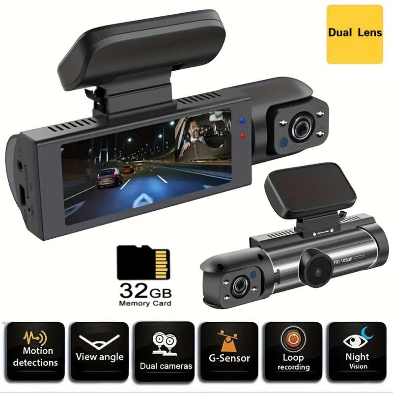 3.16-Inch Screen Dual-Channel Car Dashcam with 32GB Card, 1080P HD Front and Interior Recording, IR Night Vision, Loop Recording, and Video Surveillance for Automotive Use