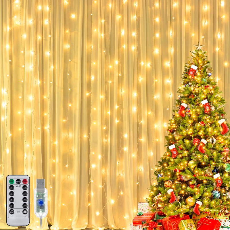 Ollny 200 LED Curtain Lights - 6.6 x 6.6 Ft USB Fairy Lights with Remote Control, 8 Dimmable Modes, Timer Function, Waterproof Outdoor String Lights for Bedroom, Party, Patio, and Wedding Decorations
