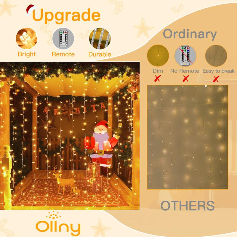 Ollny 200 LED Curtain Lights - 6.6 x 6.6 Ft USB Fairy Lights with Remote Control, 8 Dimmable Modes, Timer Function, Waterproof Outdoor String Lights for Bedroom, Party, Patio, and Wedding Decorations