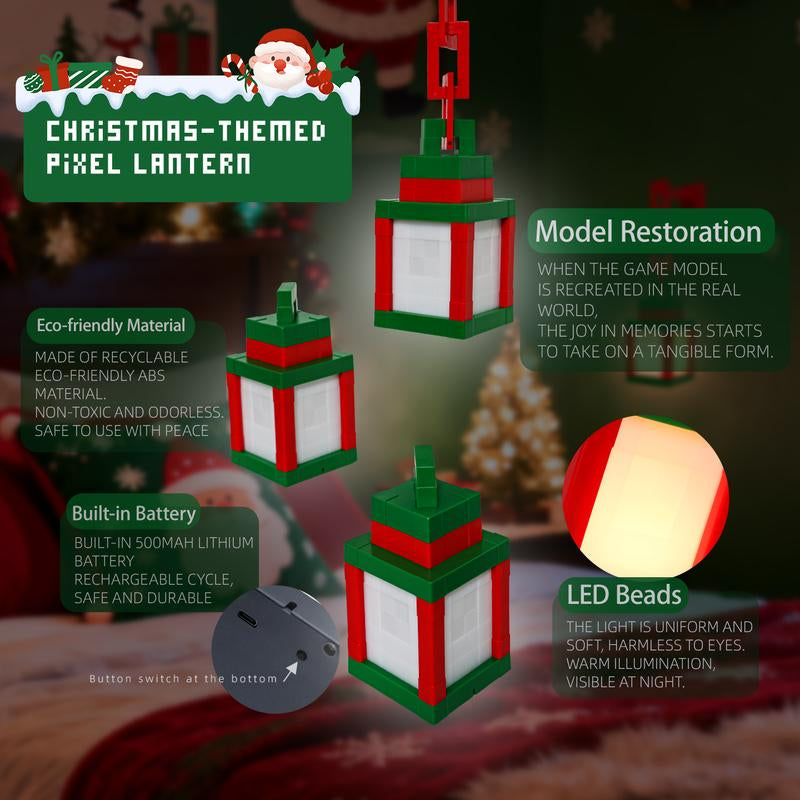 DIYCOM Christmas Pixel Lantern Night Lamp, RGB 16-Color Changing Light with Remote Control, USB-C Rechargeable, Pixel Style Gamer Room Lighting, Holiday Party Supplies, Xmas Gift