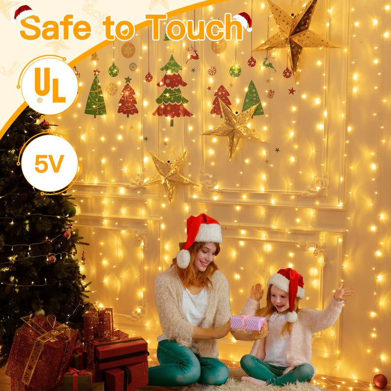 Ollny 200 LED Curtain Lights - 6.6 x 6.6 Ft USB Fairy Lights with Remote Control, 8 Dimmable Modes, Timer Function, Waterproof Outdoor String Lights for Bedroom, Party, Patio, and Wedding Decorations