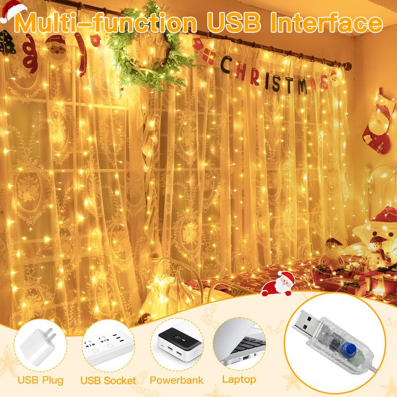 Ollny 200 LED Curtain Lights - 6.6 x 6.6 Ft USB Fairy Lights with Remote Control, 8 Dimmable Modes, Timer Function, Waterproof Outdoor String Lights for Bedroom, Party, Patio, and Wedding Decorations
