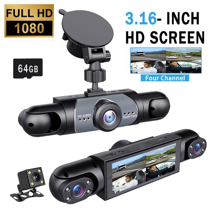 4 Channel Car Dash Cam 1080P DVR with 64GB Memory Card Full HD 3.16-Inch Screen Night Vision Parking Mode Car Video Surveillance