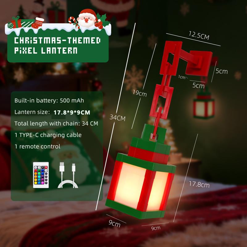 DIYCOM Christmas Pixel Lantern Night Lamp, RGB 16-Color Changing Light with Remote Control, USB-C Rechargeable, Pixel Style Gamer Room Lighting, Holiday Party Supplies, Xmas Gift